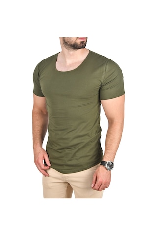 Deepsea Erkek Haki Geniş Yaka Likralı Tişört Oval Yaka Slim Fit Eteği Oval Açık Yaka T-shirt 1801199 Haki