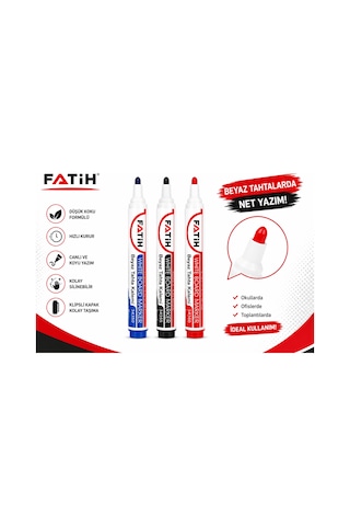 Fatih Beyaz Tahta Kalemi 3'lü Set Mavi Siyah Kırmızı Whiteboard Marker Silinebilir Çok Renkli