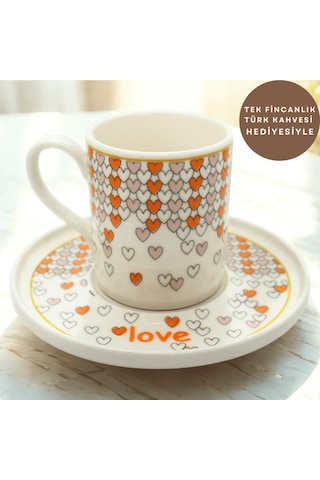 Love Kalp Desenli 6 Kişilik Porselen Kahve Fincan Takımı Çok Renkli