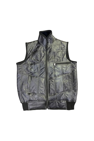Lnleather Içi Kürk-Dışı Süet Gerçek Deri Yakalı Ve Trikolu Yelek Lacivert