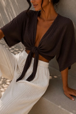 Bbbutikbasic Kadın Müslin Bağlamalı Bolero Bluz Oversize Salaş Yazlık Kimono Hırka My3535 kahverengi