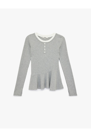 Koton Slim Fit Volanlı Bisiklet Yaka Biyeli Düğmeli Uzun Kollu Tişört Gri Melanj 6sal10208ık Gri Melanj