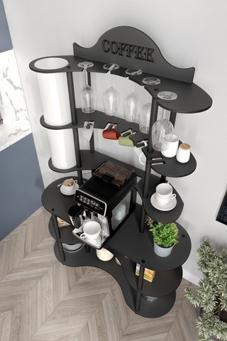 Brew-blıss Mutlu Kahve Köşesi-çok Amaçlı Mutfak Rafı Siyah-lambader Aydınlatmalı Siyah