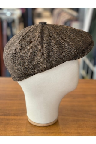 Hamze Peaky Blinders Tarz İngiliz Model Balıksırtı Desen Kaşe Kumaş Kasket Şapka Kırmızı Kahverengi