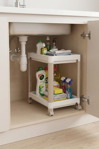 2 Katlı Tekerlekli Tezgah Altı Raf Düzenleyici Organizer, Banyo Lavabo Altı Düzenleyici "antrasit" Beyaz