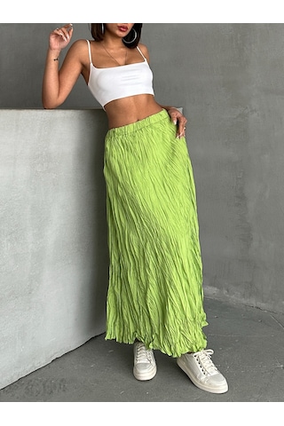 Kadın Buruşuk Modal Dokulu Soft Uzun Etek Açık Yeşil