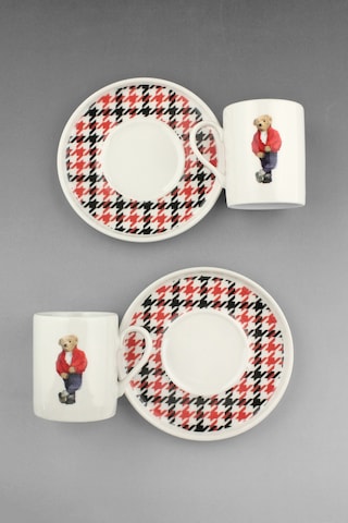 Teddy Bear Jeans İki Kişilik Porselen Kahve Fincan Takımı Kırmızı - Siyah