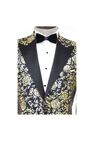 Wessi Gold Gül Desenli Slim Fit Lacivert Erkek Smokin Ceket Lacivert