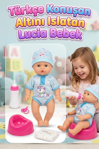 5 Parça Sesli Pilli Türkçe Konuşan Altını Islatan 28cm Eklemleri Hareketli Lucia Bebek Oyuncak Seti 1