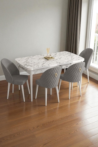 Mura Beyaz Mermer 80x132 Açılabilir Mdf Masa Yemek Odası Takımı, Mutfak Takımı 4 Adet Sandalye Gri