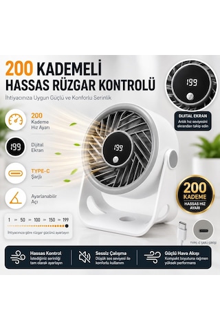 Masaüstü Usb Fan, 200 Kademeli Dijital Hız Ayarlı Mini Vantilatör, Type-c Şarjlı, Led Ekranlı, Sessiz Çalışma