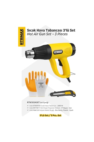 Rtrmax RTM303ASET Sıcak Hava Tabancası 2000W Eldiven + Falçata + Maket Bıçağı 3'lü Set