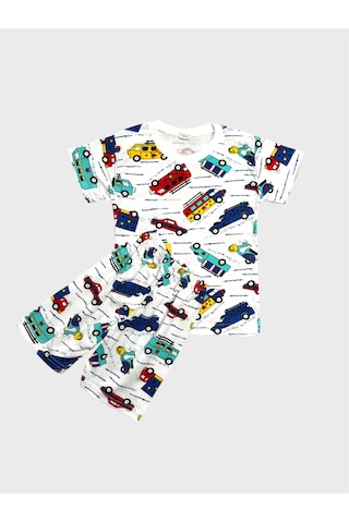 Aliş Kids Erkek Çocuk Pamuklu Beyaz Araba Desenli Kısa Kollu Şortlu Yazlık Pijama Takımı