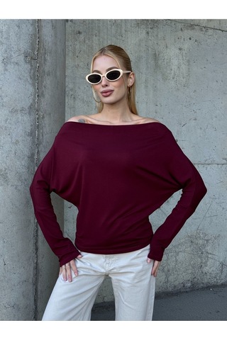 Kadın Kayık Yaka Full Esnek Asimetrik Kesim Comfort Spor Şık Tasarım Yumoş Bluz Bordo