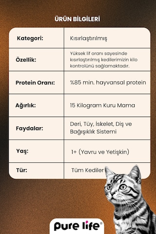 Pure Life Kısırlaştırılmış Tavuklu Yetişkin Kedi Maması 15 KG