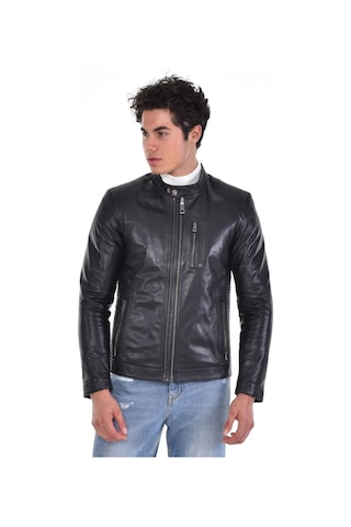 Hakiki Deri Siyah Erkek Deri Mont Hakim Yaka Çift Fermuarlı Üç Cepli Deri Ceket Siyah