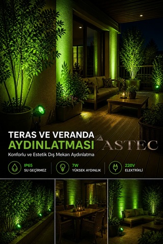 Astec 7w Yeşil Bahçe Aydınlatma Spotu Ip65 Su Geçirmez 220v Elektrikli Dış Mekan Çim Kazık