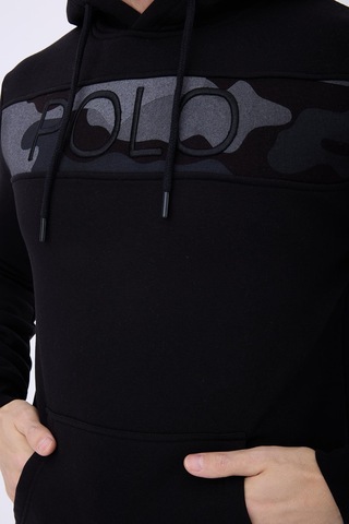 Erkek 3 İplik Pamuklu İçi Polarlı Regular Fit Nakışlı Kapüşonlu Kanguru Cepli Siyah Sweatshirt Siyah