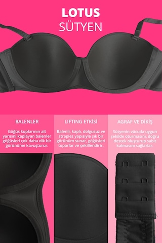 Siyah Balenli Toparlayıcı Dolgusuz Straplez Lotus Sütyen Siyah