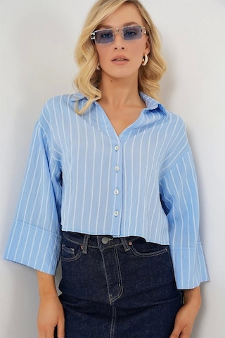 Defymoda Çizgili Oversize Kısa Gömlek 20326 - Mavi Mavi