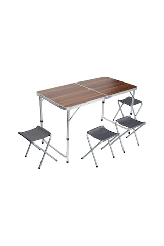 Uniqamping Çanta Tipi 4 Tabureli Ahşap Desenli Katlanır Kamp Masa Seti Çok Renkli