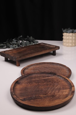 Bambum 3 Parça Pavlonya Heritage Ahşap Sunum Ve Servis Seti Dikdörtgen Ve Yuvarlak Servis Tabakları Ahşap
