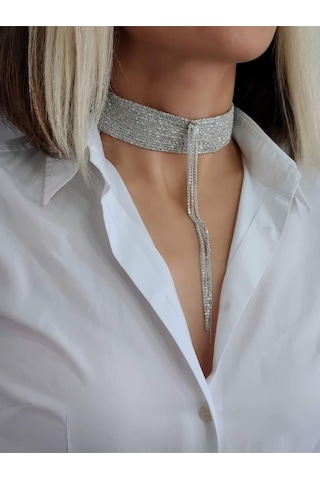 Eva Takı Store 15 Sıralı Zincir Dokuma Sallantılı Vücut Tasma Choker El Yapımı Kolye Silver