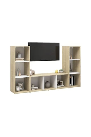 Deren Kitaplıklı Televizyon Sehpası Ünitesi Meşe Beyaz 150 Cm 9 Raflı Meşe - Beyaz