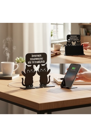 Metal Siyah Kedili Komik Tasarım Telefon Standı