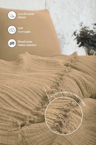 %100 Pamuk Çift Kişilik Müslin Yatak Örtüsü 4 Katlı Yumuşak Battaniye Müslin Pike Takımı 3 Parça Bej Bej