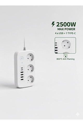 2500w Çoklu Priz 2 Metre 3 Lü Ac Priz +5 Usb Çıkışı Akım Korumalı Alev Almayan Gövde, Standart