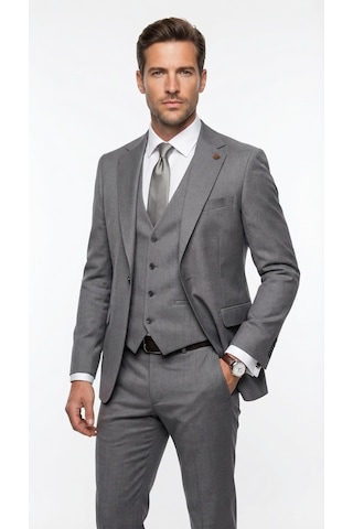 Erkek Klasik Slim Fit Takım Elbise Notch Yaka, Yaka Punto Dikişli, Tek Düğmeli, Çift Yırtmaçlı Gri