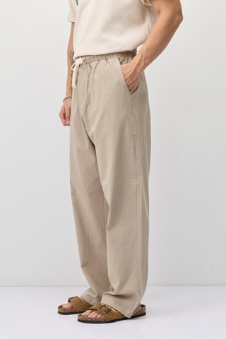 Vamos Bağcıklı Baggy Fit Keten Pantolon Bej