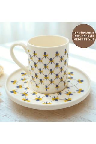 Lacivert Motifli Geometrik Desenli 6 Kişilik Kahve Fincan Takımı Lacivert