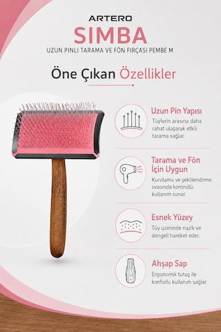 Artero Simba Uzun Pinli Kedi Köpek Tarama Ve Fön Fırçası Pembe Medium