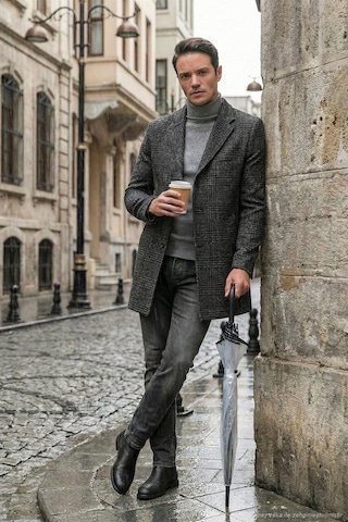 Buratti Slim Fit Tek Yırtmaçlı Düğmeli Mono Yaka Kaşe Erkek Kaban 5840098 Antrasit Ekoseli