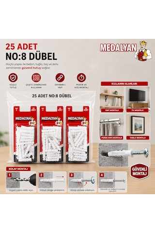 Medalyan Dl-47 Beyaz Plastik Dübel No 8 - 25 Adet- 12'li Paket