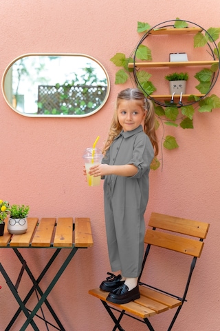Oliventhekid Yakalı Pileli Kız Çocuk Tulum Gri Gri