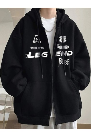 Siyah Kapşonlu Unisex Legend Fermuarlı Hırka Siyah