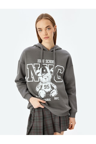 Koton Kolej Baskılı Kapüşonlu Uzun Kollu Sweatshirt Antrasit 5wal10842ık Antrasit