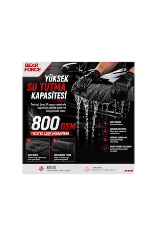 Robeve Bear Force Araç Kurulama Havlusu 60x80 Cm 800 Gsm Twisted Loop Mikrofiber Oto Kurulama Bezi Yüksek Su Emici Çiziksiz Araç Kurulama Havlusu Profesyonel Araç Bakım Ve Oto Yıkama Bezi