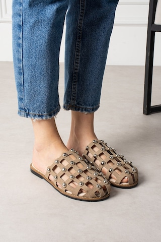 Shoetek Livya Kadın Terlik Pimli Vizon Süet