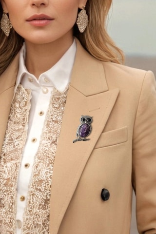 Baykuş Motifi Ametist Broş Br10-8 Mor