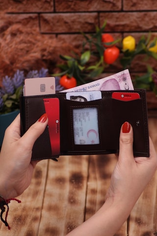 Özka Leather Suni Deri Mekanizmalı Vegan Deri Kartlık Cüzdan Portföy Kahverengi Siyah