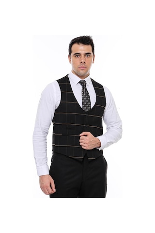 Wessi Ekoseli Siyah V Yakalı Yelek 001