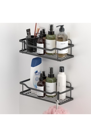 Teknotel Yapışkanlı Kancalı 2 Adet Banyo Rafı Mat Siyah St285h Çok Renkli
