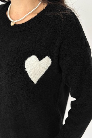 Noa & Noa Kadın Kalpli Kalın Triko Kazak Oversize & Minimal Romantik Stil Siyah