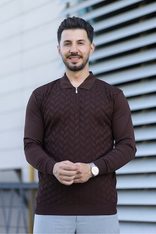 Hk Premium Erkek Triko Kazak Zikzak Desenli Polo Yaka Fermuarlı Slim Fit Kahverengi