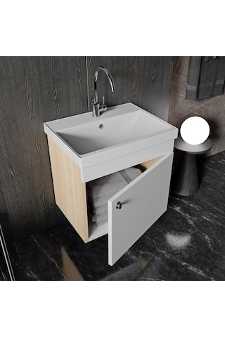 Karen Banyo Milano 50 Cm Lavabolu Banyo Dolabı,lavabo Dahil, Ayna Dahil,sonomo Meşe Beyaz
