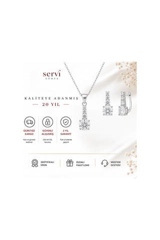 Servi 925 Ayar Gümüş Üç Taş Detaylı Tektaş Kolye Ve Küpe Seti-334